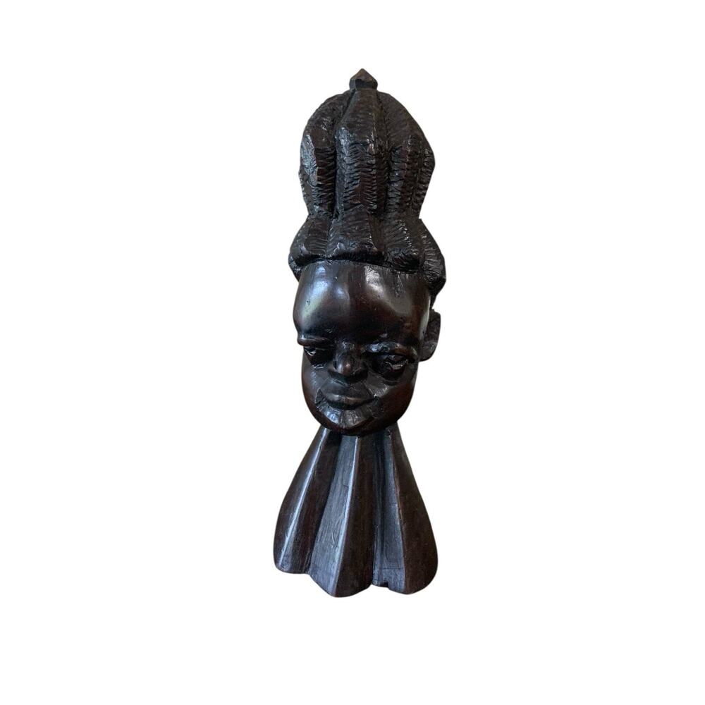 Vintage Malawi African Tribal Hand Carved Sculpture Ebony Wood Bust Statue 10”